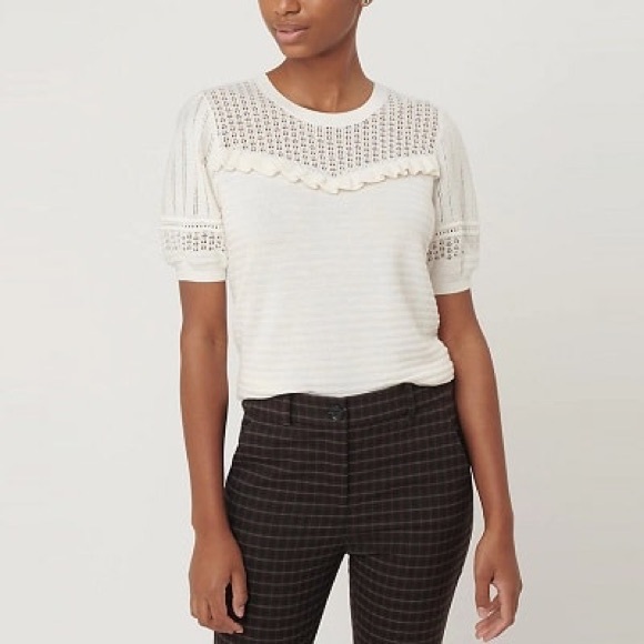 LOFT Tops - LOFT Off White Short Sleeve Knit Eyelet Ruffle Short Sleeve Top small